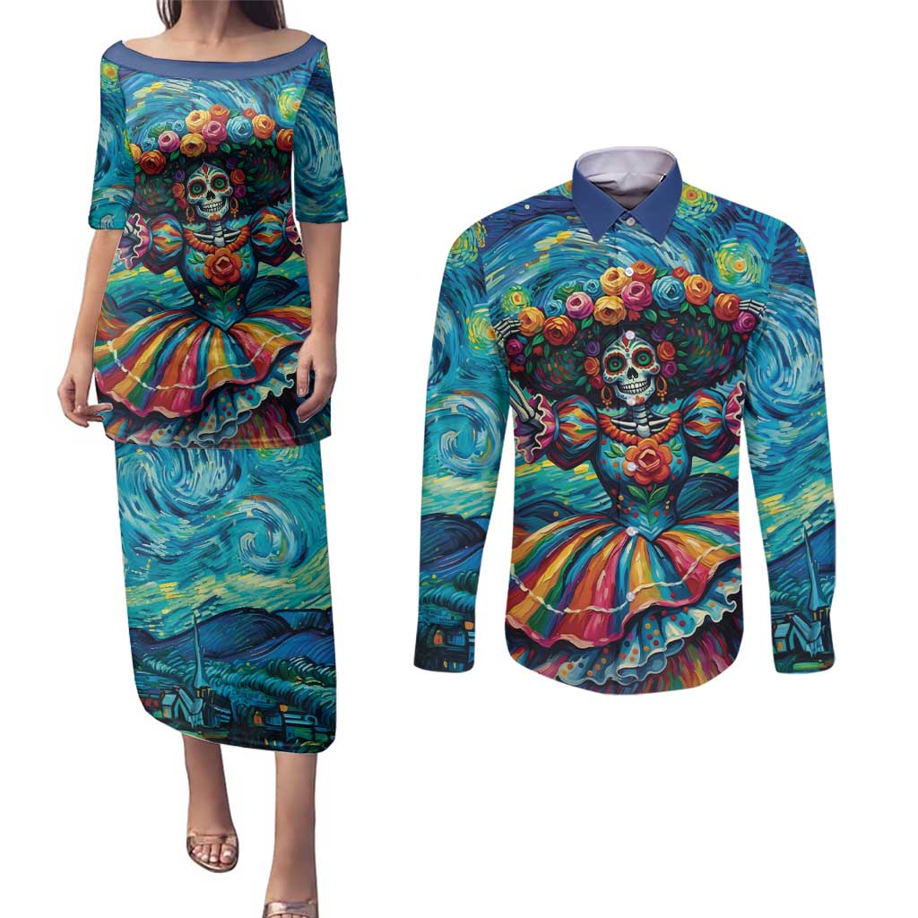 Día de los Muertos Couples Matching Puletasi and Long Sleeve Button Shirt A Swirl of Colors and Souls - Wonder Print Shop