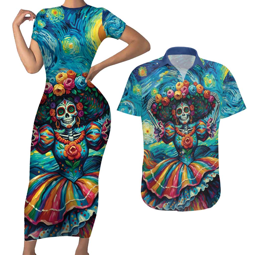 Día de los Muertos Couples Matching Short Sleeve Bodycon Dress and Hawaiian Shirt A Swirl of Colors and Souls - Wonder Print Shop