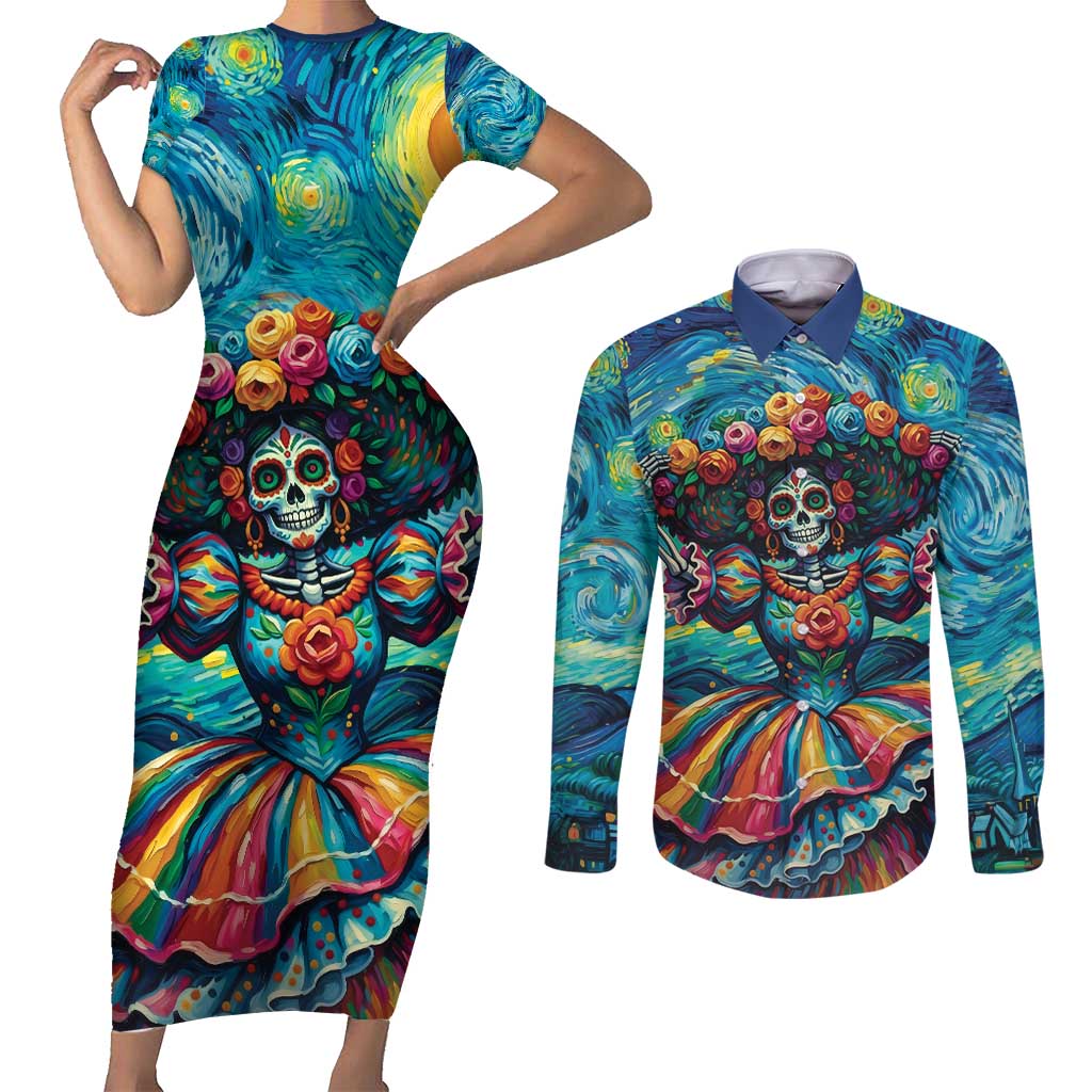 Día de los Muertos Couples Matching Short Sleeve Bodycon Dress and Long Sleeve Button Shirt A Swirl of Colors and Souls - Wonder Print Shop