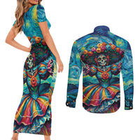 Día de los Muertos Couples Matching Short Sleeve Bodycon Dress and Long Sleeve Button Shirt A Swirl of Colors and Souls - Wonder Print Shop