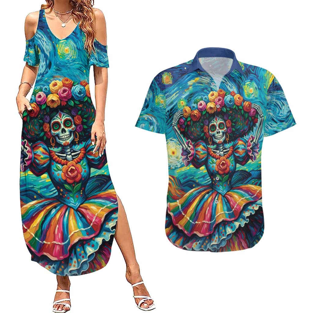 Día de los Muertos Couples Matching Summer Maxi Dress and Hawaiian Shirt A Swirl of Colors and Souls - Wonder Print Shop