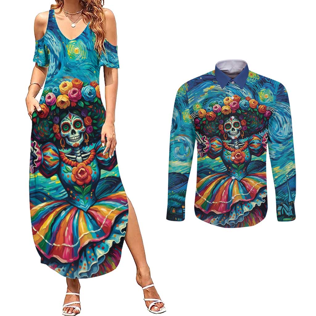 Día de los Muertos Couples Matching Summer Maxi Dress and Long Sleeve Button Shirt A Swirl of Colors and Souls - Wonder Print Shop