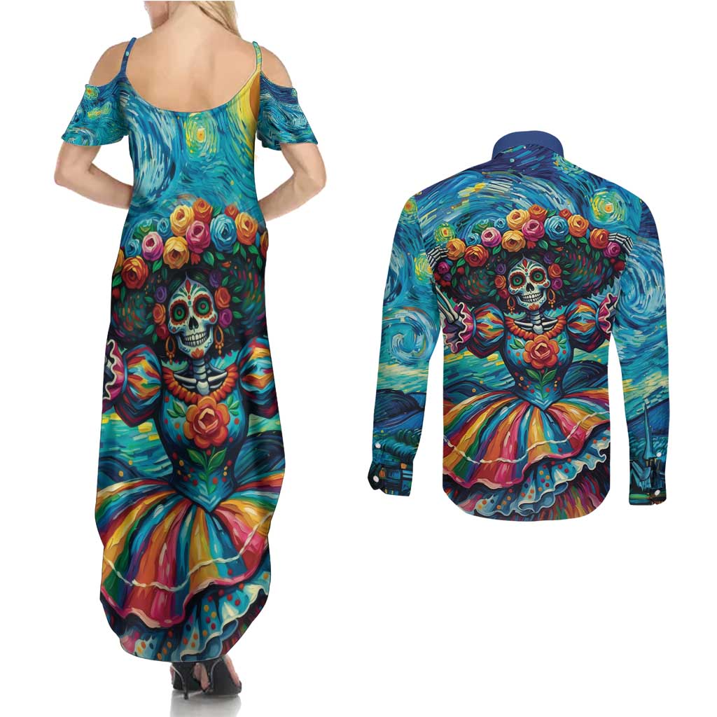 Día de los Muertos Couples Matching Summer Maxi Dress and Long Sleeve Button Shirt A Swirl of Colors and Souls - Wonder Print Shop