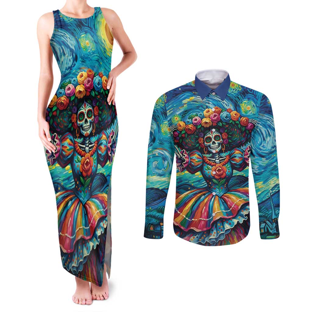Día de los Muertos Couples Matching Tank Maxi Dress and Long Sleeve Button Shirt A Swirl of Colors and Souls - Wonder Print Shop