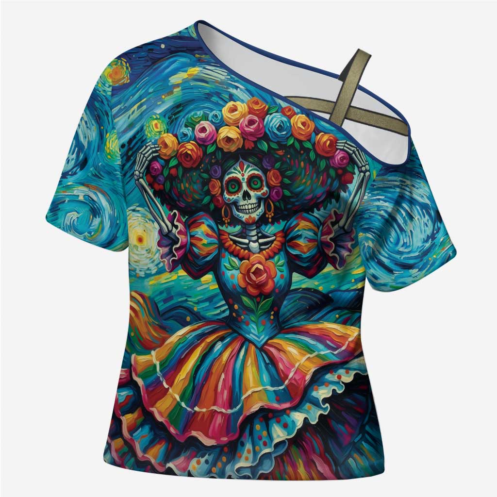 Día de los Muertos Cross Shoulder Shirt A Swirl of Colors and Souls - Wonder Print Shop