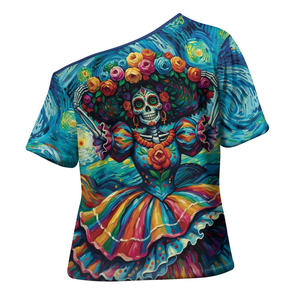Día de los Muertos Cross Shoulder Shirt A Swirl of Colors and Souls - Wonder Print Shop