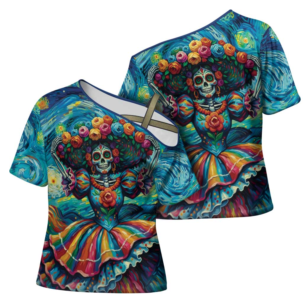 Día de los Muertos Cross Shoulder Shirt A Swirl of Colors and Souls - Wonder Print Shop