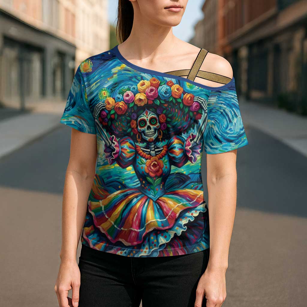 Día de los Muertos Cross Shoulder Shirt A Swirl of Colors and Souls - Wonder Print Shop