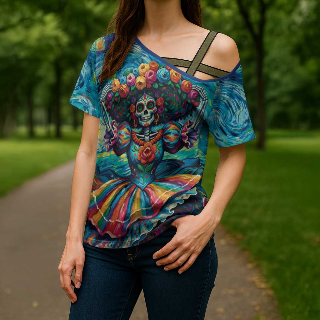 Día de los Muertos Cross Shoulder Shirt A Swirl of Colors and Souls - Wonder Print Shop