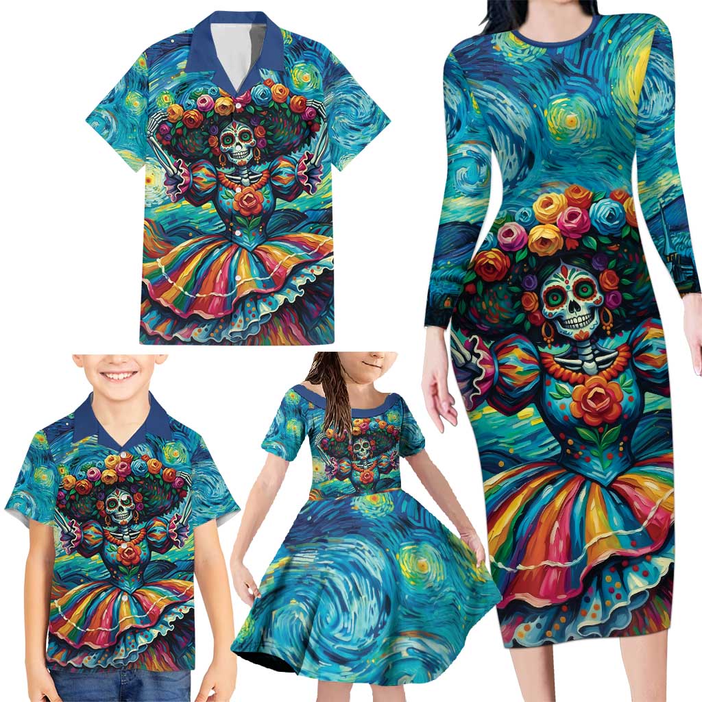 Día de los Muertos Family Matching Long Sleeve Bodycon Dress and Hawaiian Shirt A Swirl of Colors and Souls - Wonder Print Shop