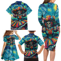 Día de los Muertos Family Matching Long Sleeve Bodycon Dress and Hawaiian Shirt A Swirl of Colors and Souls - Wonder Print Shop