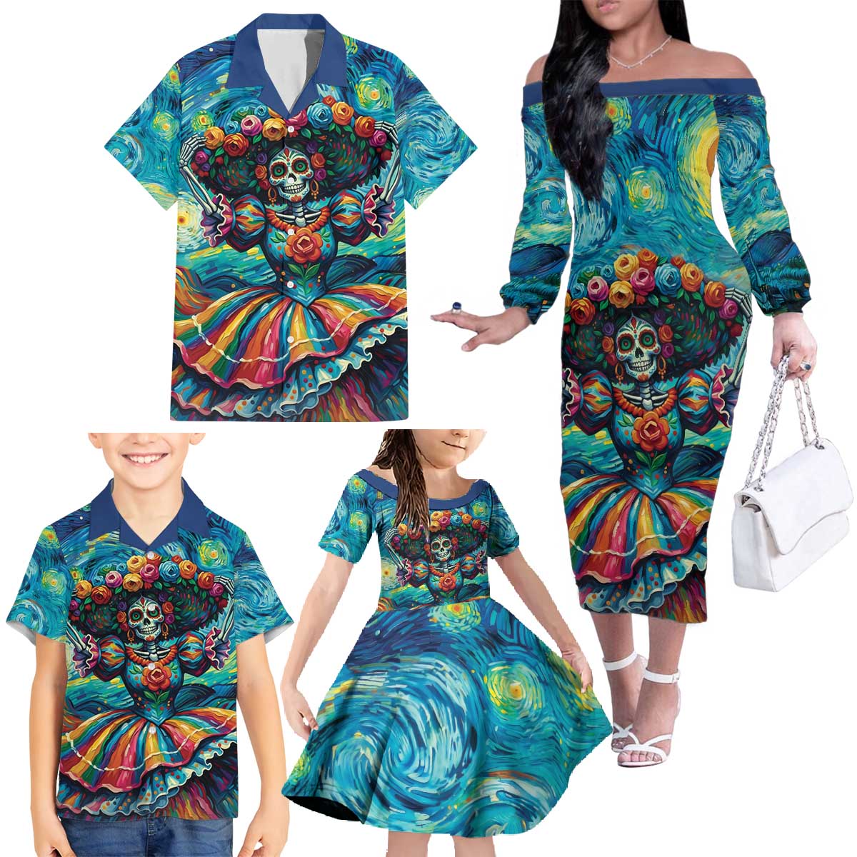 Día de los Muertos Family Matching Off The Shoulder Long Sleeve Dress and Hawaiian Shirt A Swirl of Colors and Souls - Wonder Print Shop