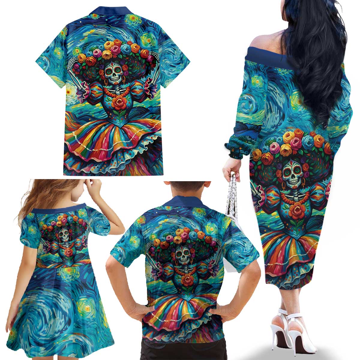 Día de los Muertos Family Matching Off The Shoulder Long Sleeve Dress and Hawaiian Shirt A Swirl of Colors and Souls - Wonder Print Shop