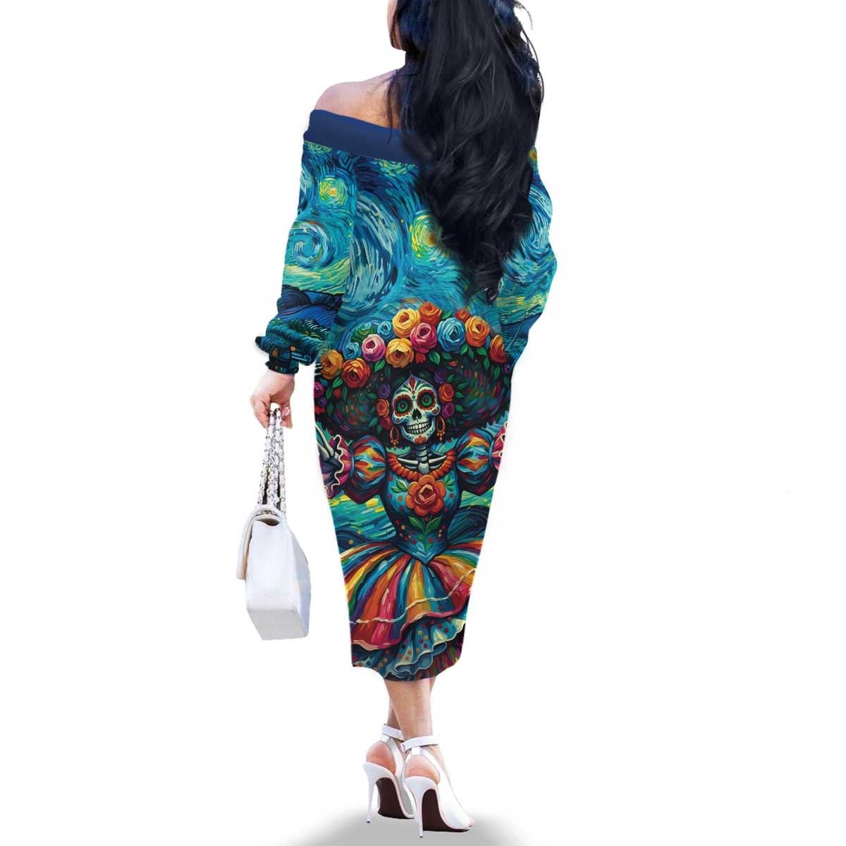 Día de los Muertos Family Matching Off The Shoulder Long Sleeve Dress and Hawaiian Shirt A Swirl of Colors and Souls - Wonder Print Shop
