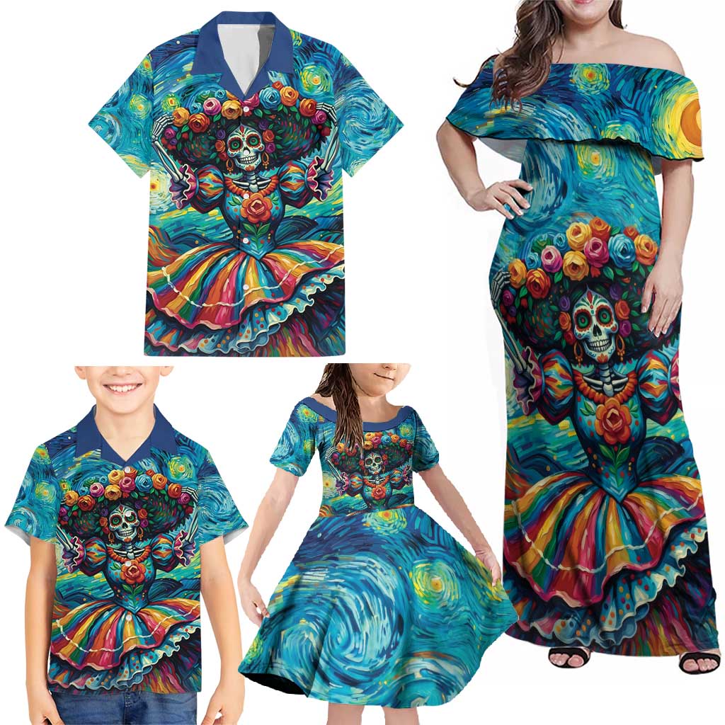 Día de los Muertos Family Matching Off Shoulder Maxi Dress and Hawaiian Shirt A Swirl of Colors and Souls - Wonder Print Shop