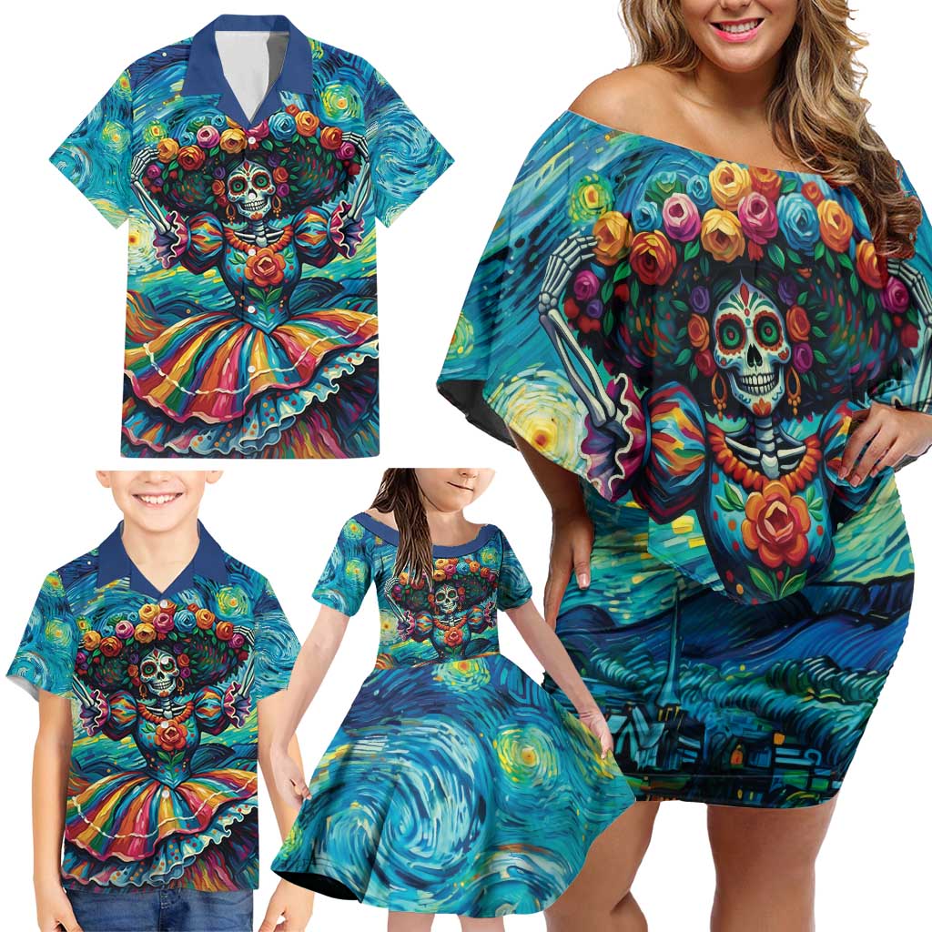Día de los Muertos Family Matching Off Shoulder Short Dress and Hawaiian Shirt A Swirl of Colors and Souls - Wonder Print Shop