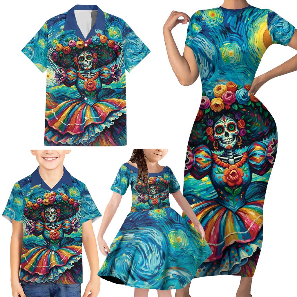 Día de los Muertos Family Matching Short Sleeve Bodycon Dress and Hawaiian Shirt A Swirl of Colors and Souls - Wonder Print Shop