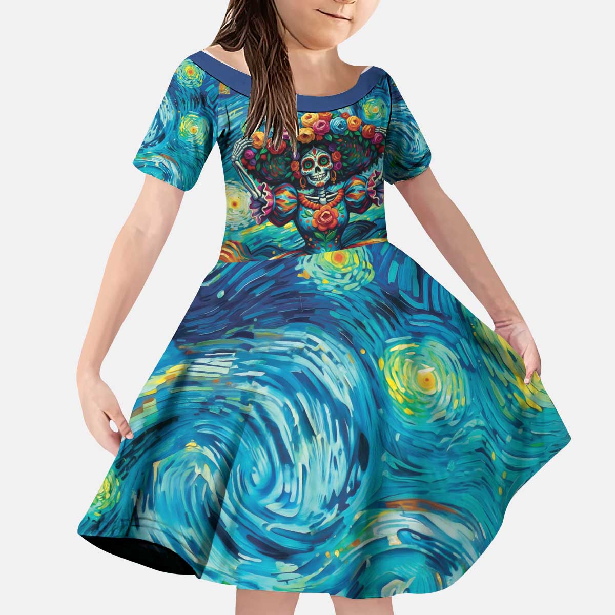 Día de los Muertos Kid Short Sleeve Dress A Swirl of Colors and Souls - Wonder Print Shop