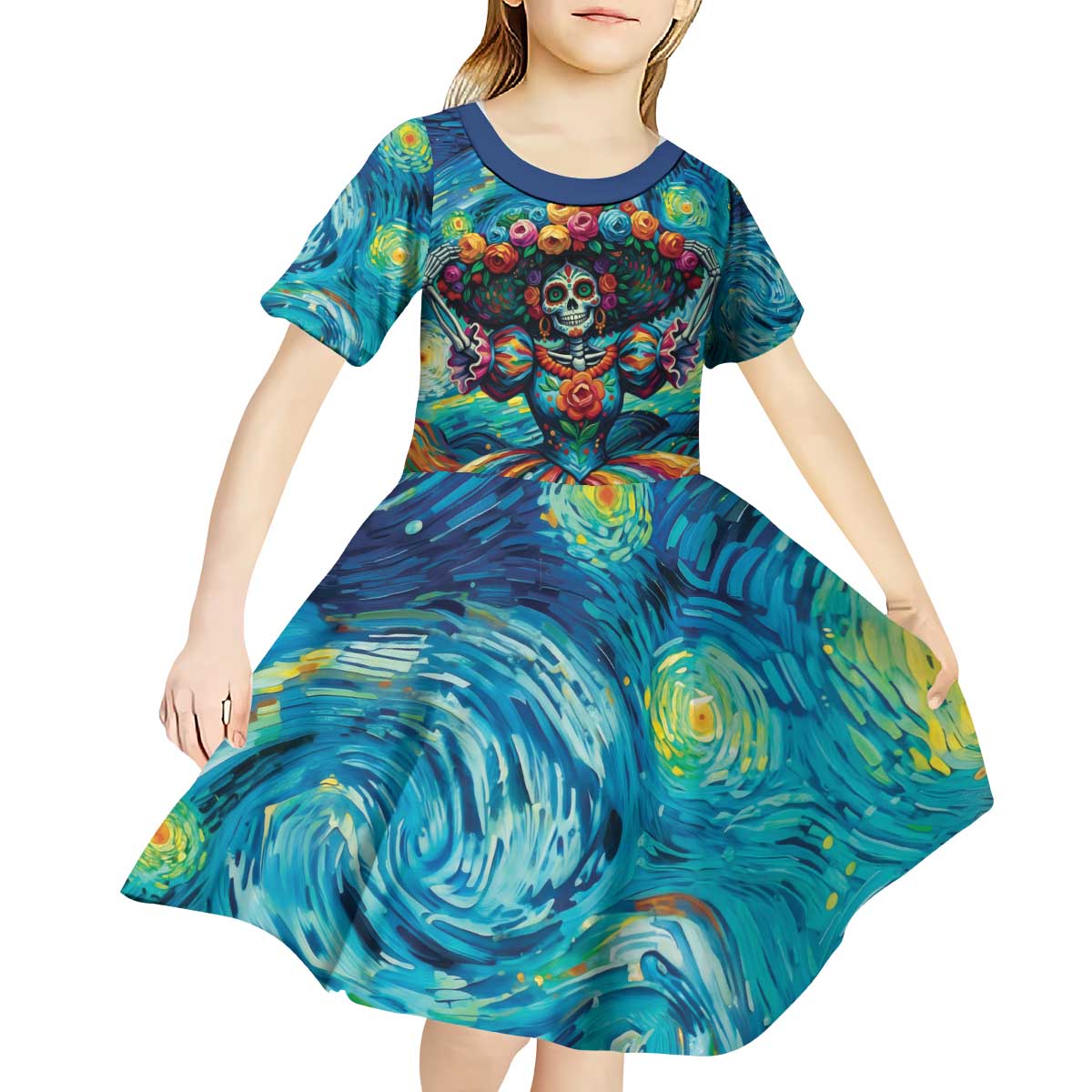 Día de los Muertos Kid Short Sleeve Dress A Swirl of Colors and Souls - Wonder Print Shop