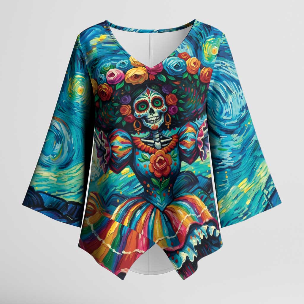 Día de los Muertos Kimono Sleeve Blouse A Swirl of Colors and Souls - Wonder Print Shop