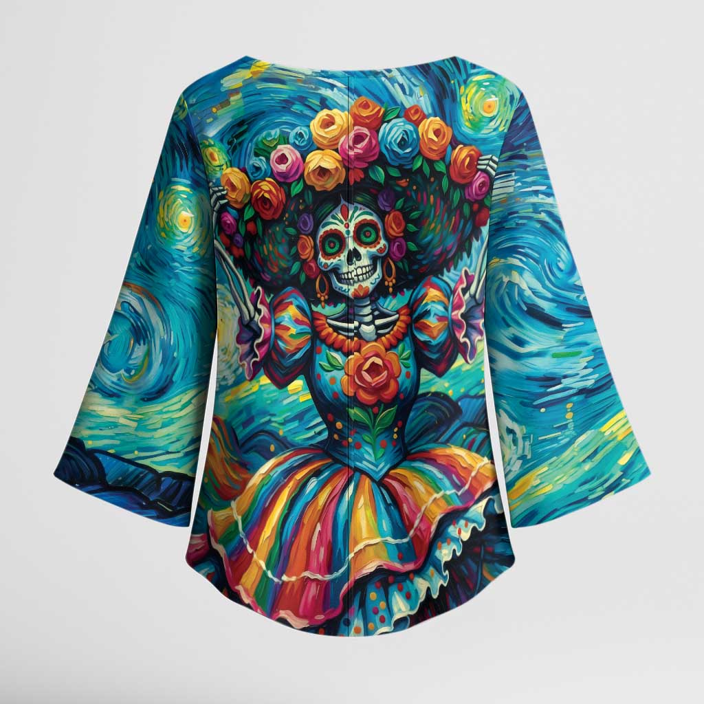 Día de los Muertos Kimono Sleeve Blouse A Swirl of Colors and Souls - Wonder Print Shop