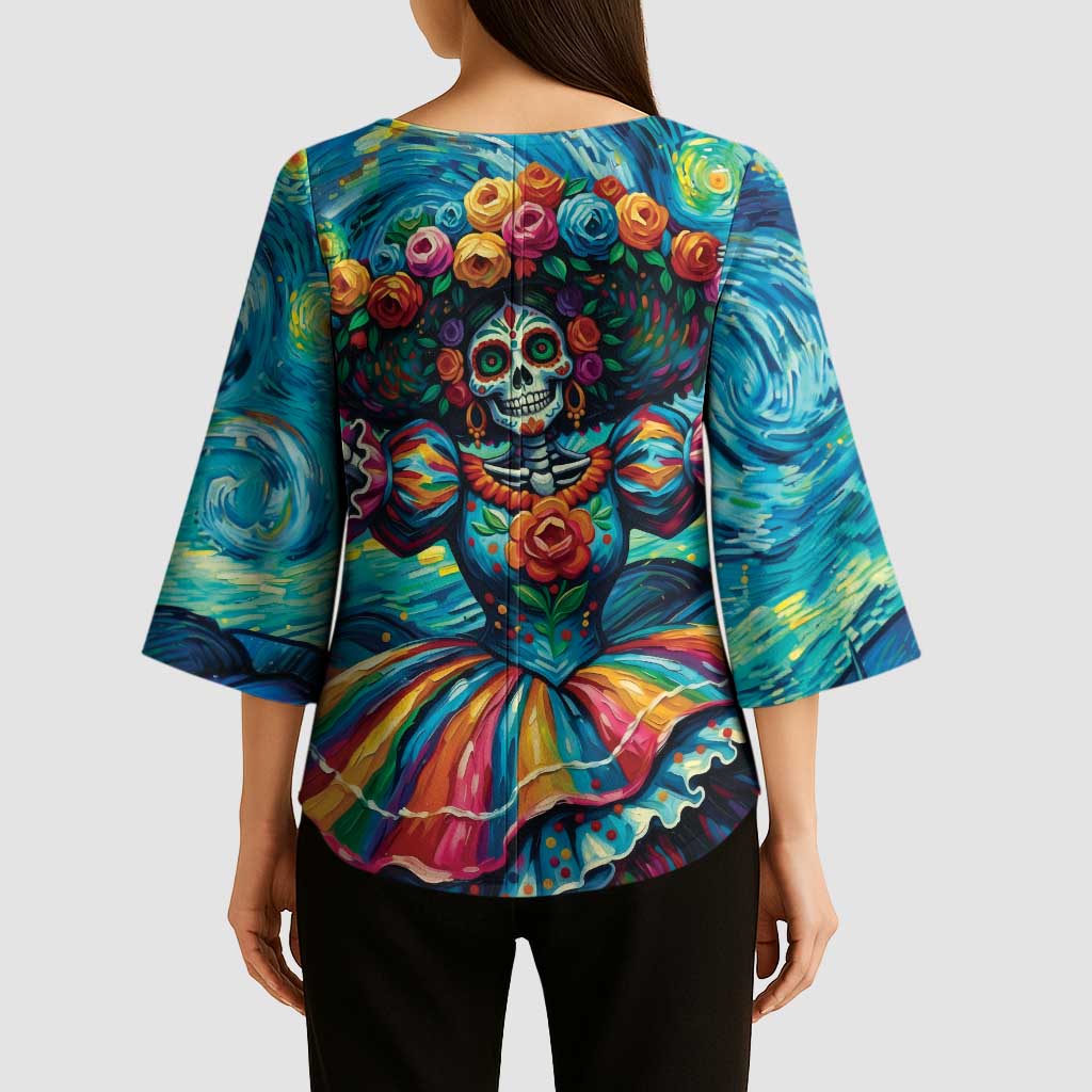 Día de los Muertos Kimono Sleeve Blouse A Swirl of Colors and Souls - Wonder Print Shop