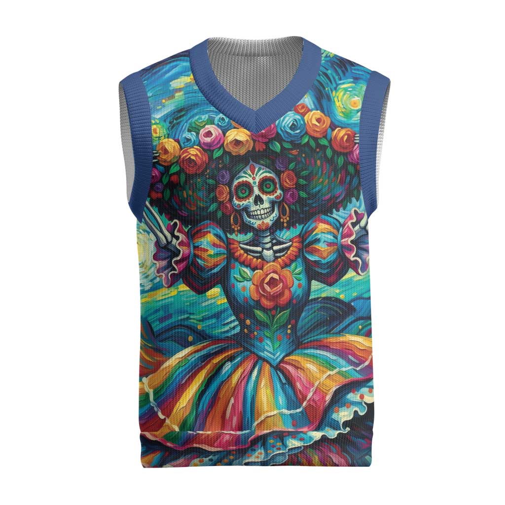 Día de los Muertos Christmas Knitted V-Neck Vest A Swirl of Colors and Souls - Wonder Print Shop