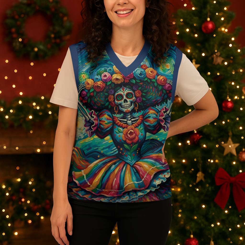 Día de los Muertos Christmas Knitted V-Neck Vest A Swirl of Colors and Souls - Wonder Print Shop