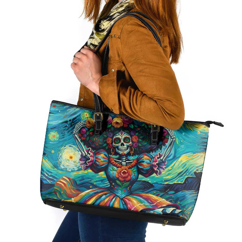 Día de los Muertos Leather Tote Bag A Swirl of Colors and Souls - Wonder Print Shop