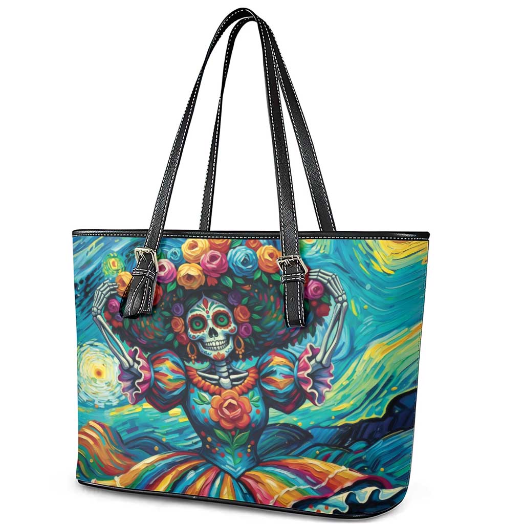 Día de los Muertos Leather Tote Bag A Swirl of Colors and Souls - Wonder Print Shop