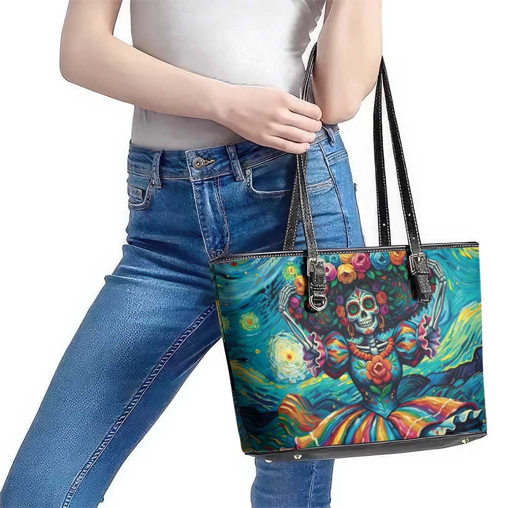 Día de los Muertos Leather Tote Bag A Swirl of Colors and Souls - Wonder Print Shop