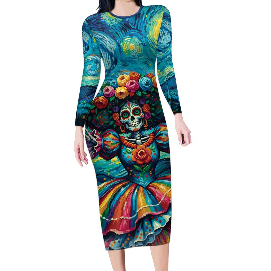 Día de los Muertos Long Sleeve Bodycon Dress A Swirl of Colors and Souls - Wonder Print Shop