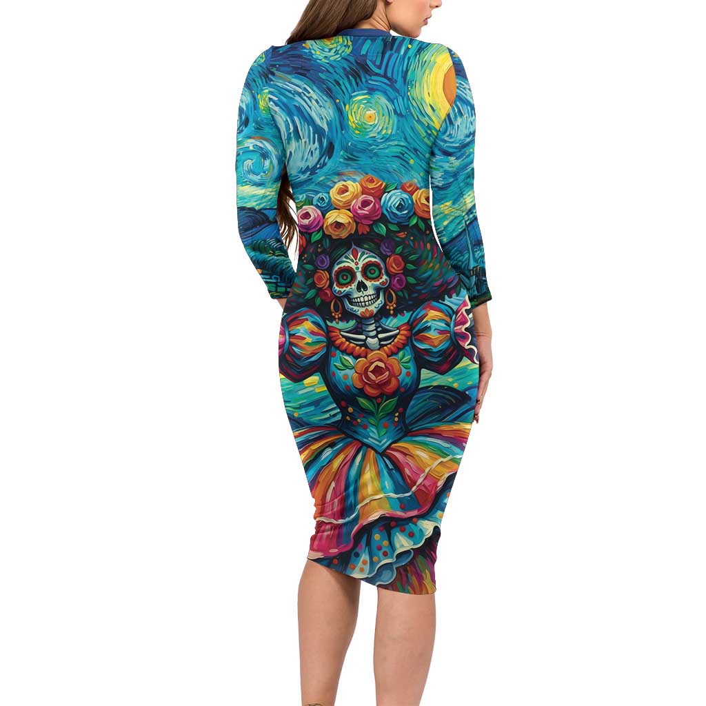Día de los Muertos Long Sleeve Bodycon Dress A Swirl of Colors and Souls - Wonder Print Shop