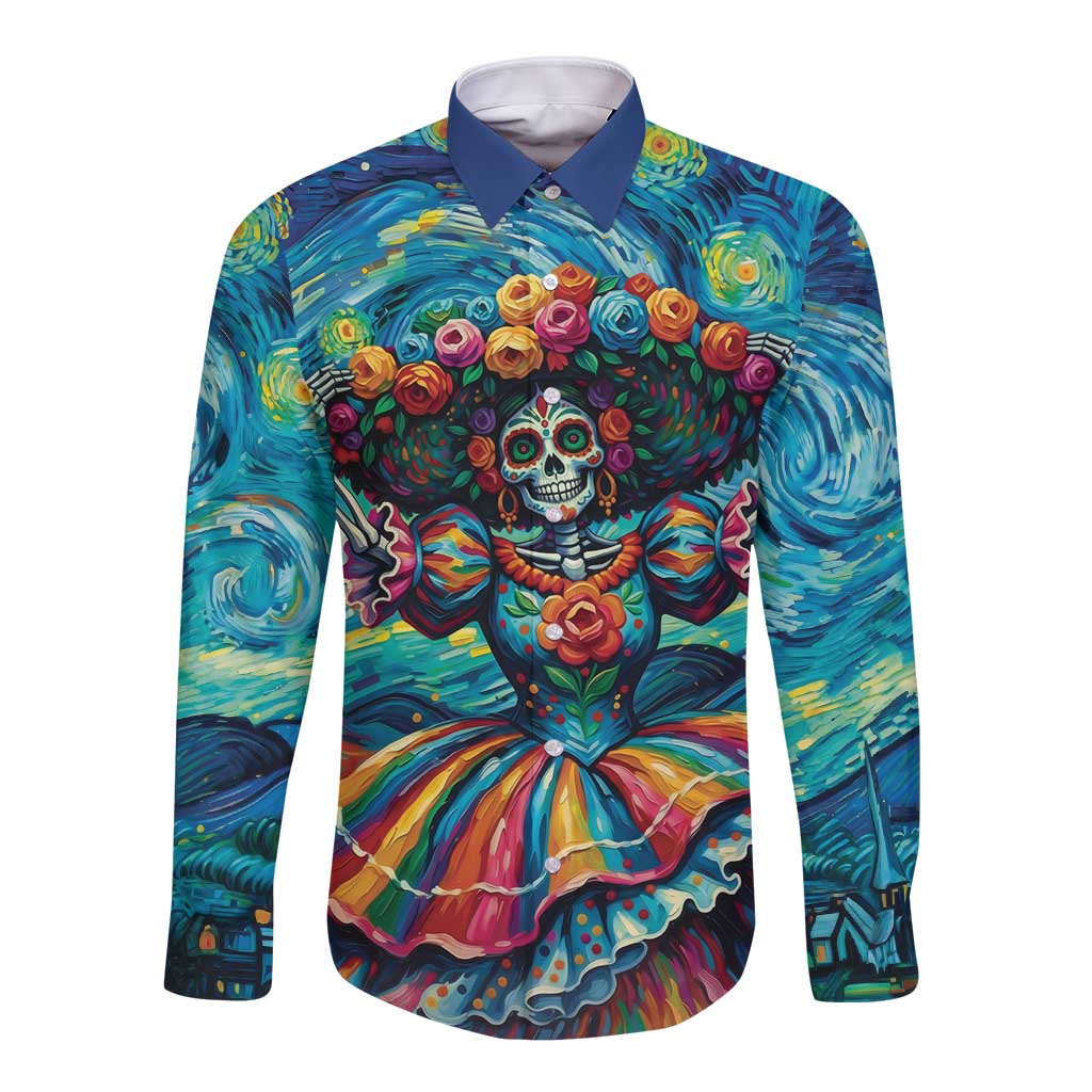 Día de los Muertos Long Sleeve Button Shirt A Swirl of Colors and Souls - Wonder Print Shop