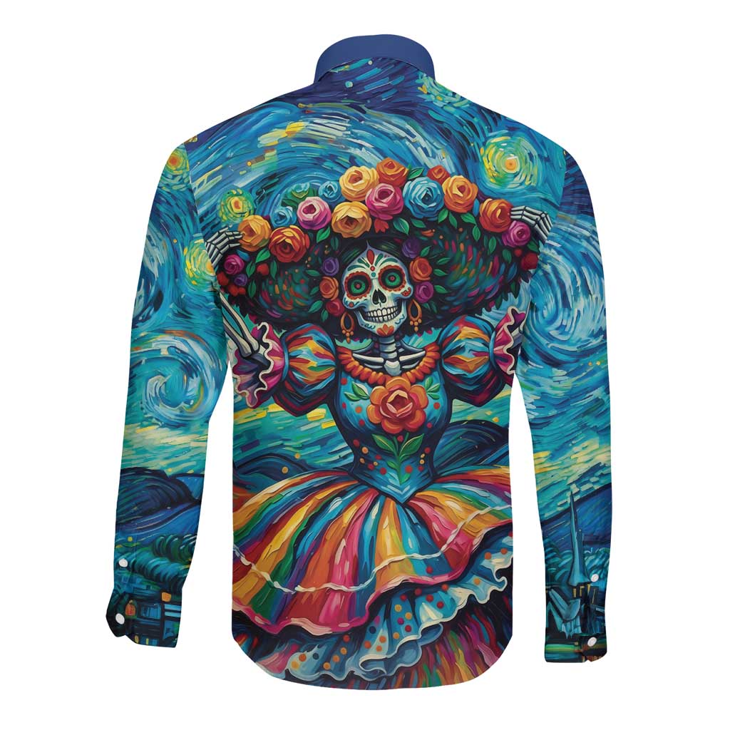 Día de los Muertos Long Sleeve Button Shirt A Swirl of Colors and Souls - Wonder Print Shop