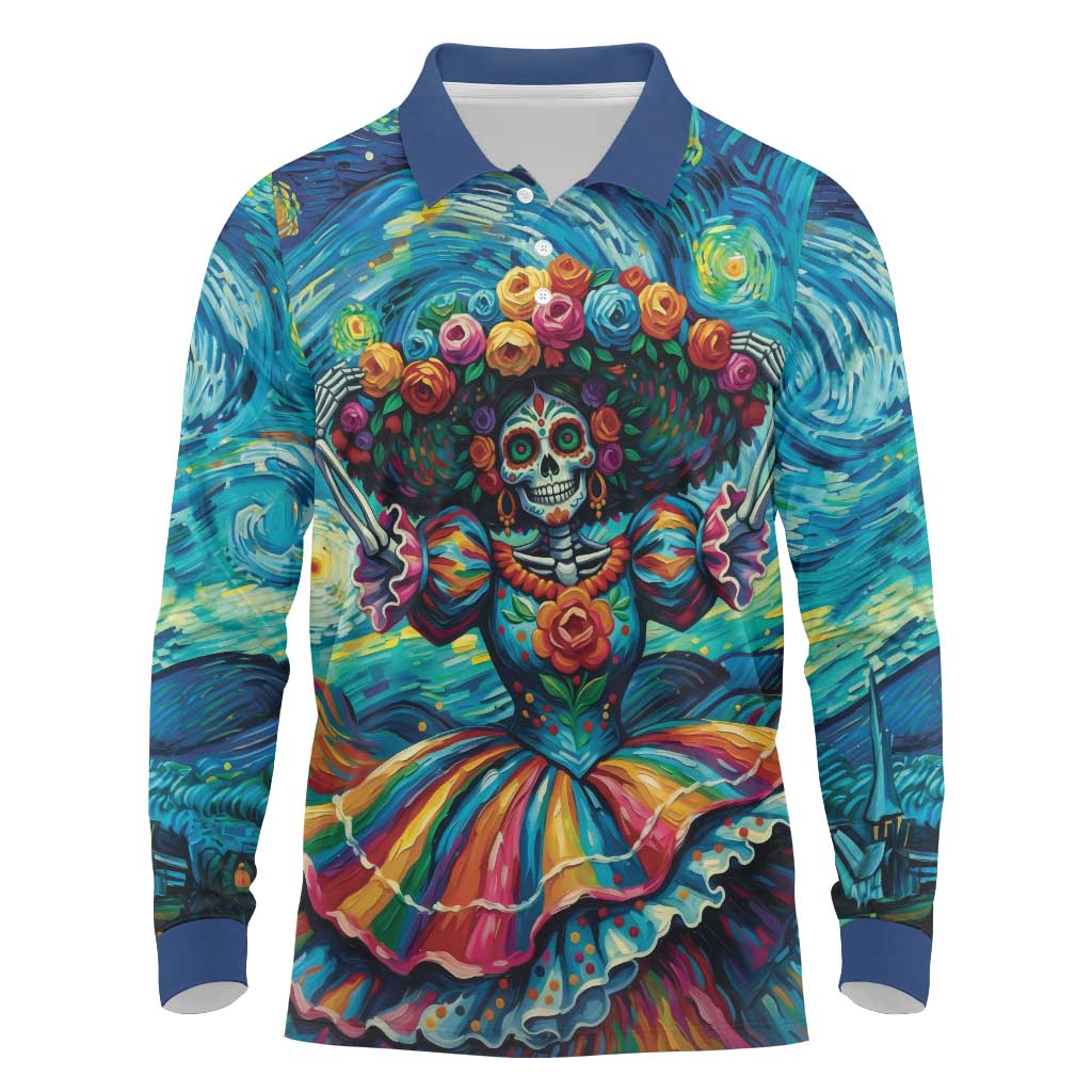 Día de los Muertos Long Sleeve Polo Shirt A Swirl of Colors and Souls - Wonder Print Shop