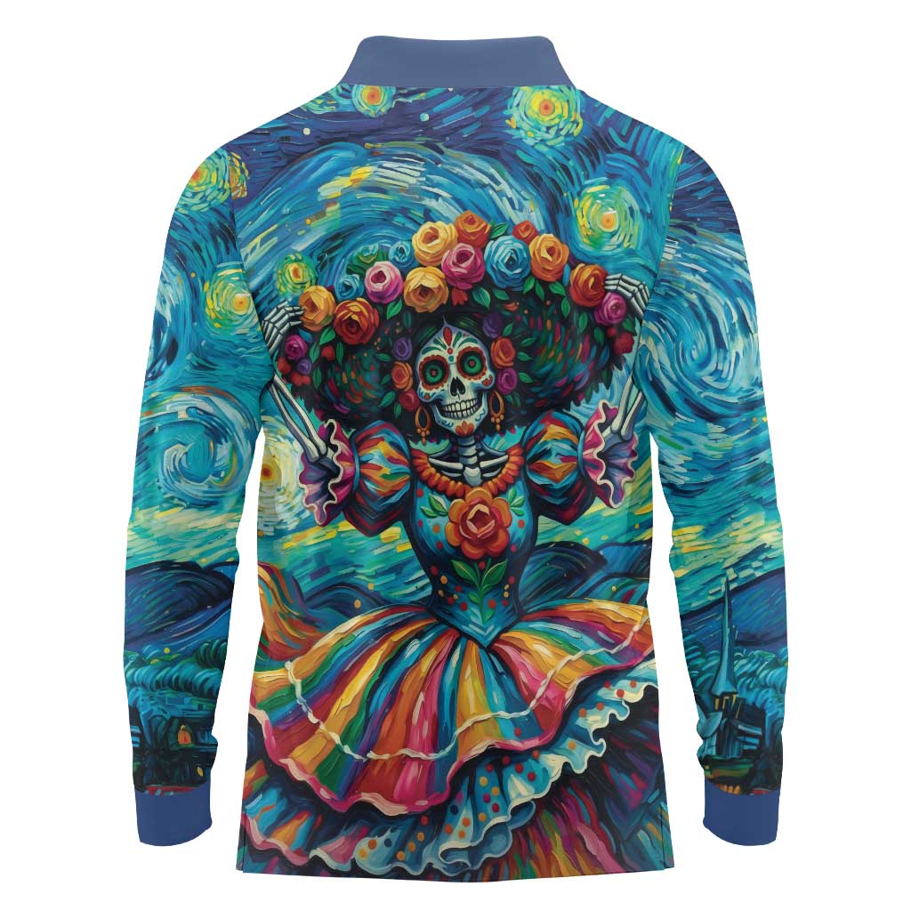 Día de los Muertos Long Sleeve Polo Shirt A Swirl of Colors and Souls - Wonder Print Shop