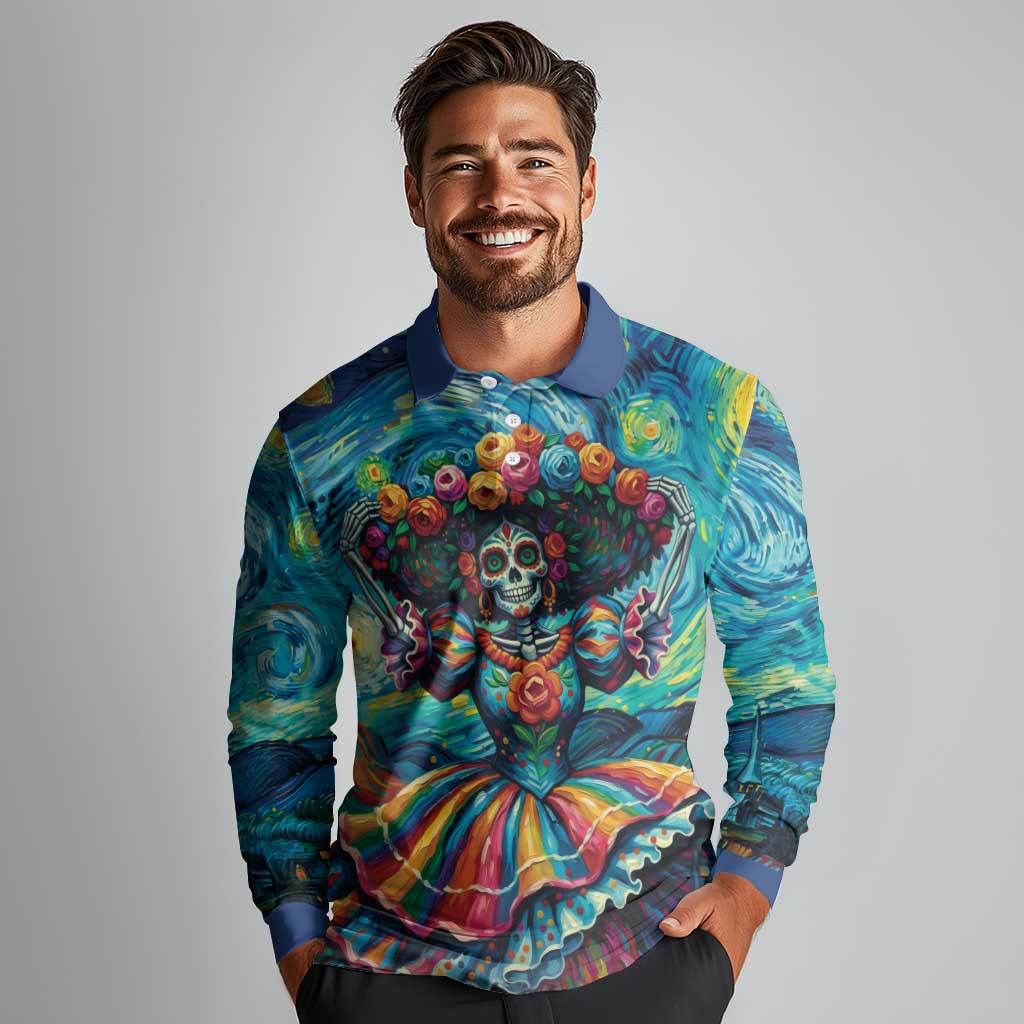 Día de los Muertos Long Sleeve Polo Shirt A Swirl of Colors and Souls - Wonder Print Shop