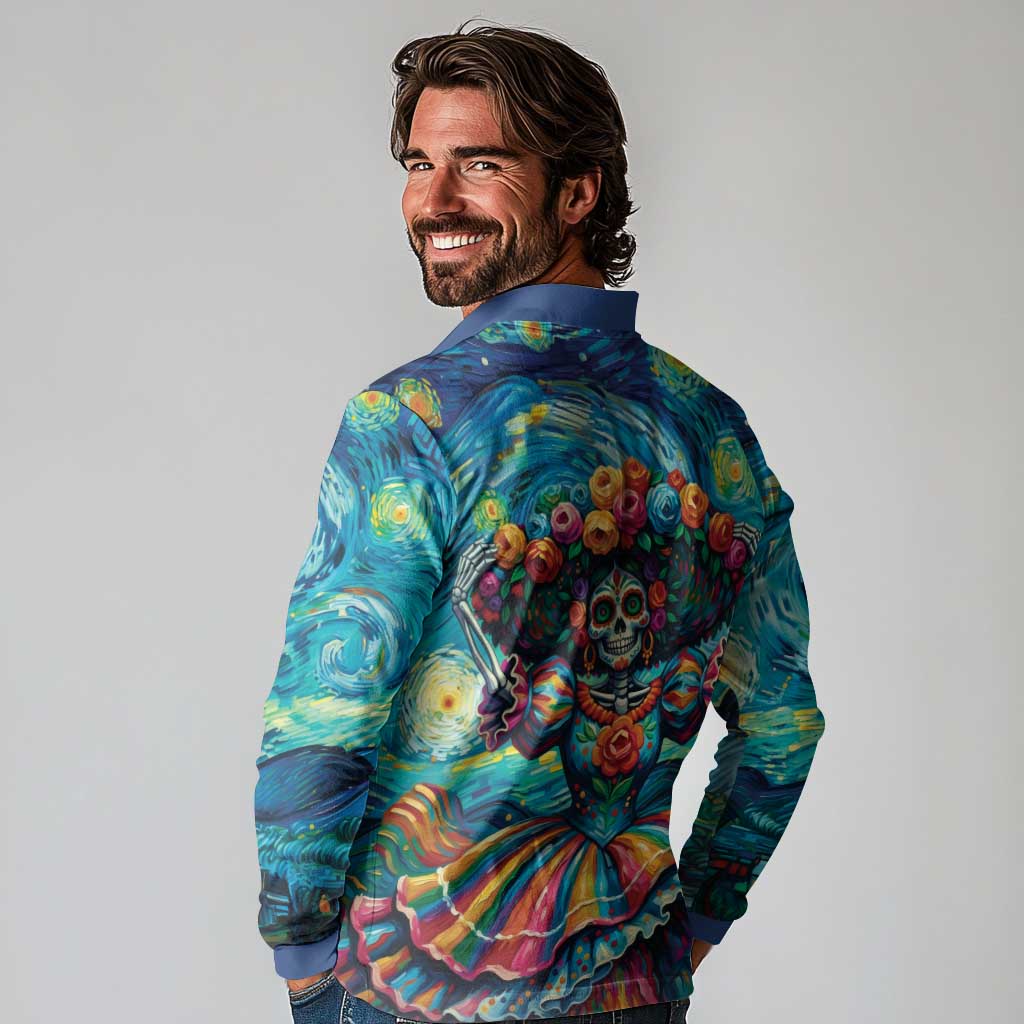 Día de los Muertos Long Sleeve Polo Shirt A Swirl of Colors and Souls - Wonder Print Shop