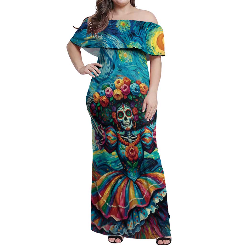Día de los Muertos Off Shoulder Maxi Dress A Swirl of Colors and Souls - Wonder Print Shop