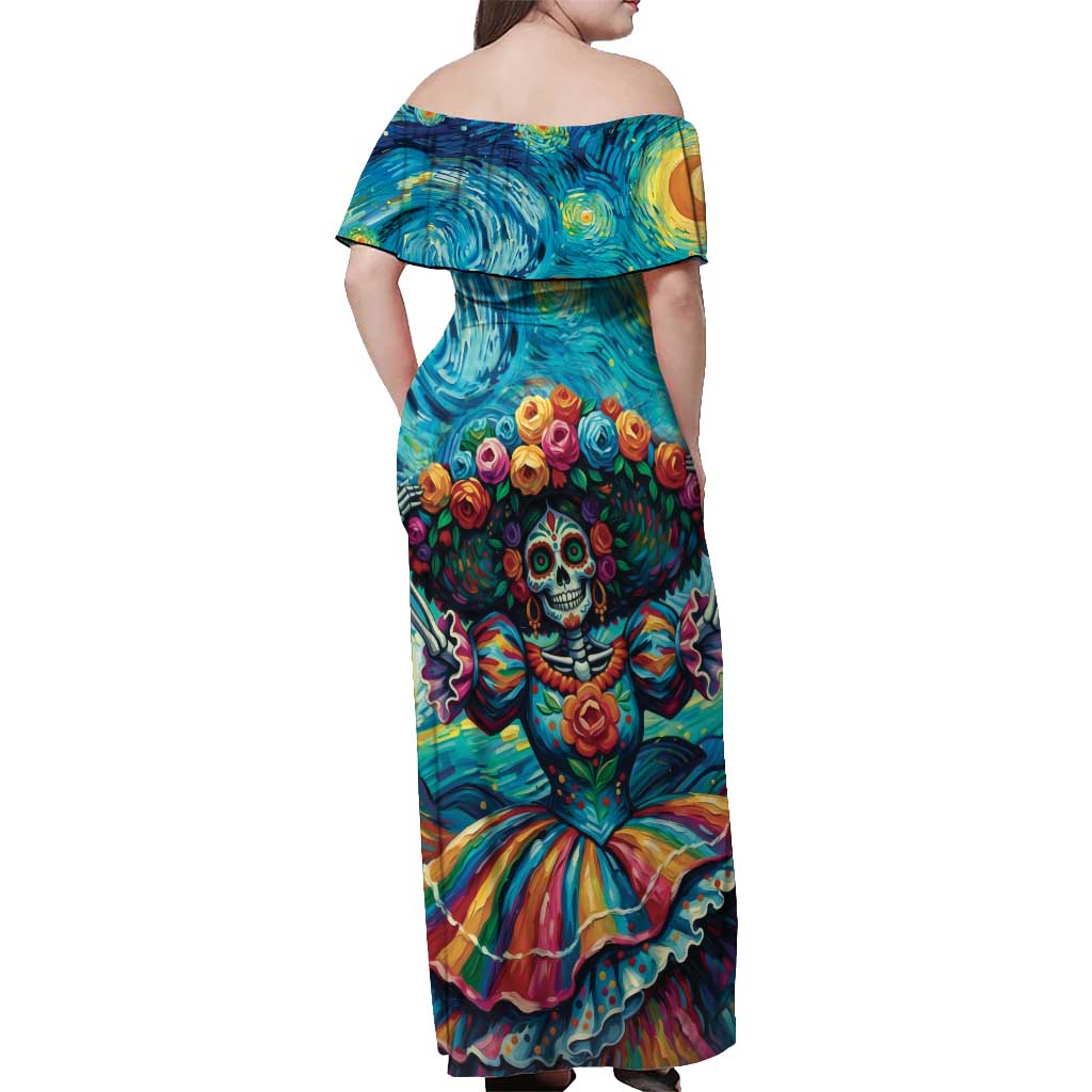 Día de los Muertos Off Shoulder Maxi Dress A Swirl of Colors and Souls - Wonder Print Shop
