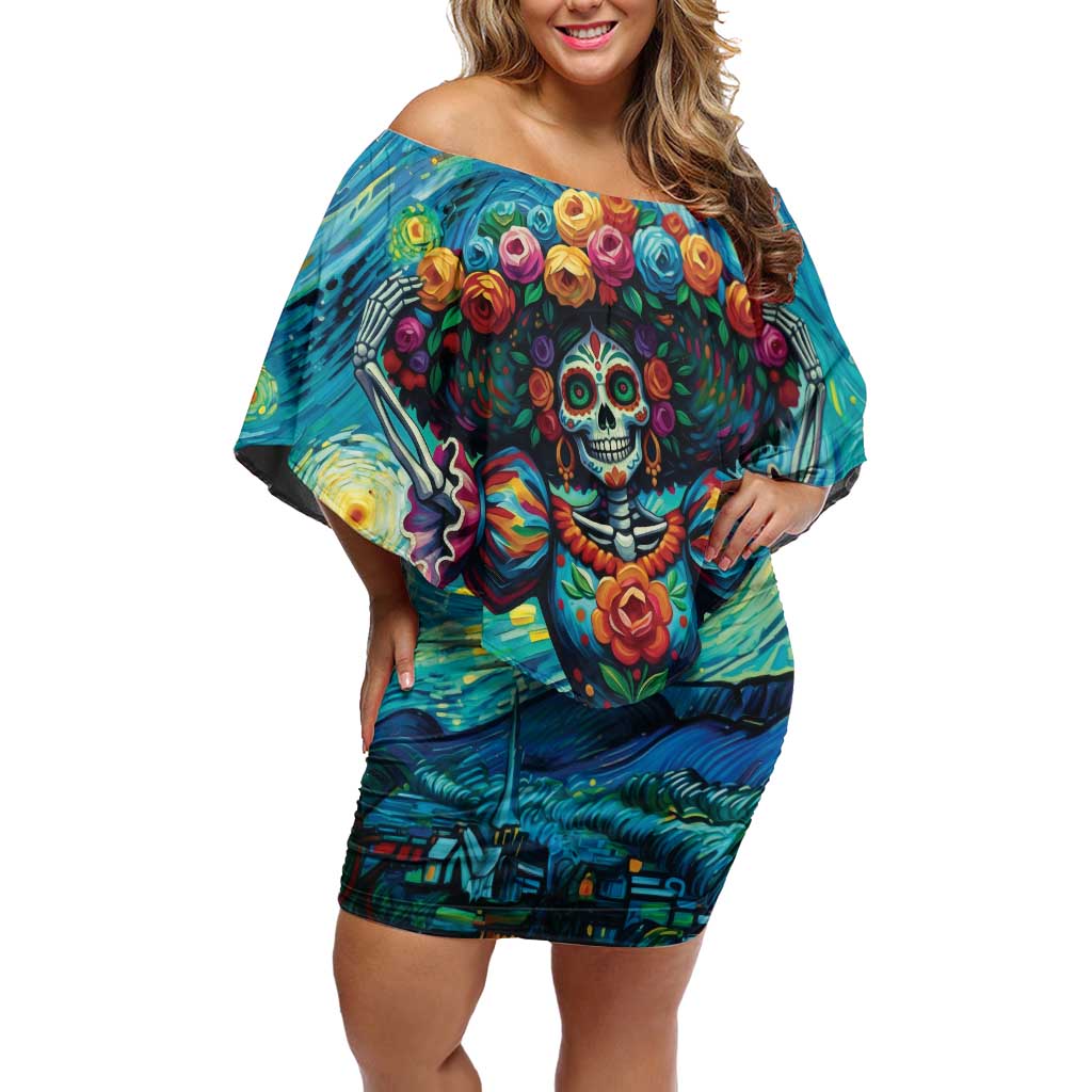 Día de los Muertos Off Shoulder Short Dress A Swirl of Colors and Souls - Wonder Print Shop