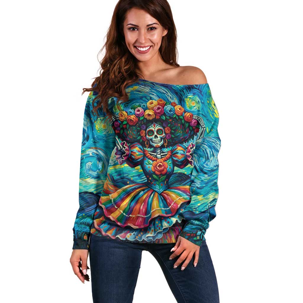 Día de los Muertos Off Shoulder Sweater A Swirl of Colors and Souls - Wonder Print Shop