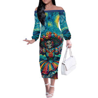 Día de los Muertos Off The Shoulder Long Sleeve Dress A Swirl of Colors and Souls - Wonder Print Shop