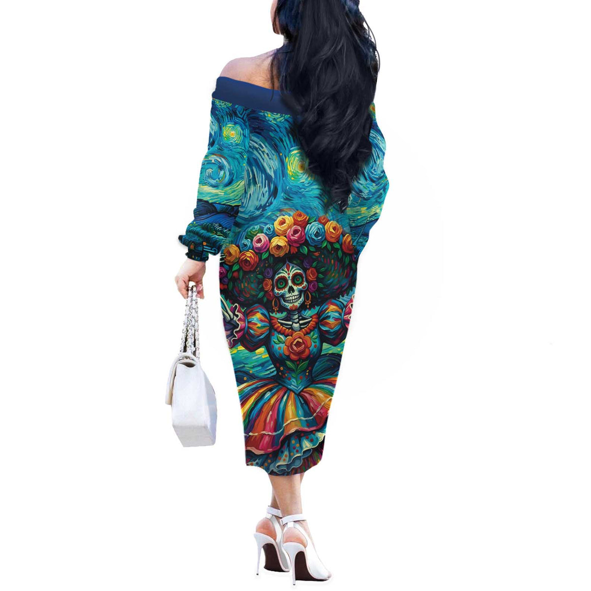 Día de los Muertos Off The Shoulder Long Sleeve Dress A Swirl of Colors and Souls - Wonder Print Shop