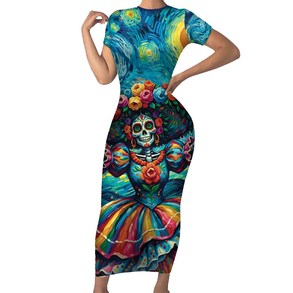 Día de los Muertos Short Sleeve Bodycon Dress A Swirl of Colors and Souls - Wonder Print Shop