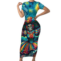 Día de los Muertos Short Sleeve Bodycon Dress A Swirl of Colors and Souls - Wonder Print Shop