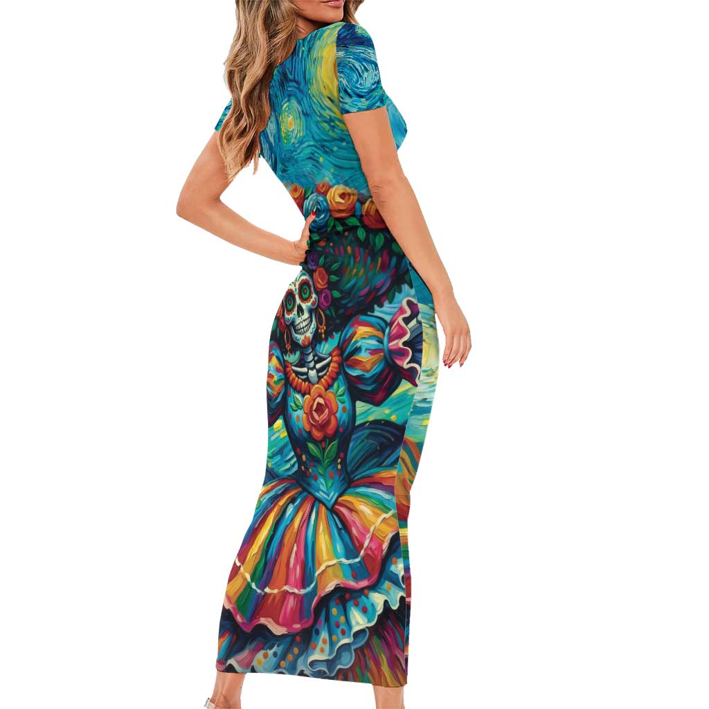 Día de los Muertos Short Sleeve Bodycon Dress A Swirl of Colors and Souls - Wonder Print Shop