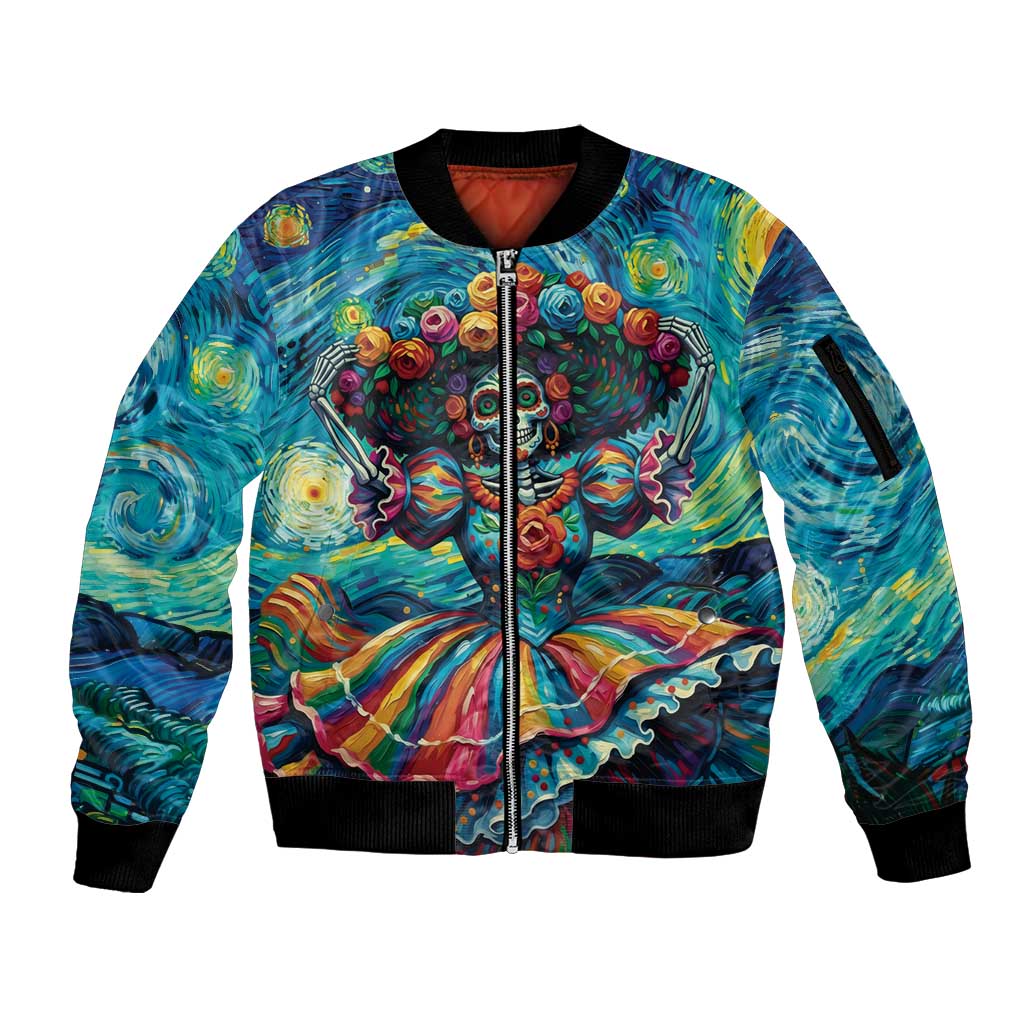 Día de los Muertos Sleeve Zip Bomber Jacket A Swirl of Colors and Souls - Wonder Print Shop