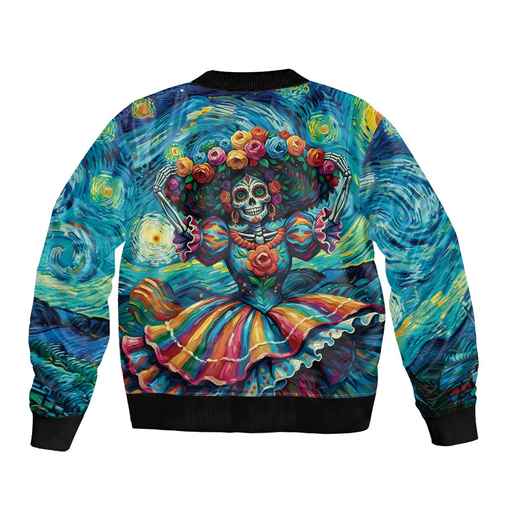 Día de los Muertos Sleeve Zip Bomber Jacket A Swirl of Colors and Souls - Wonder Print Shop